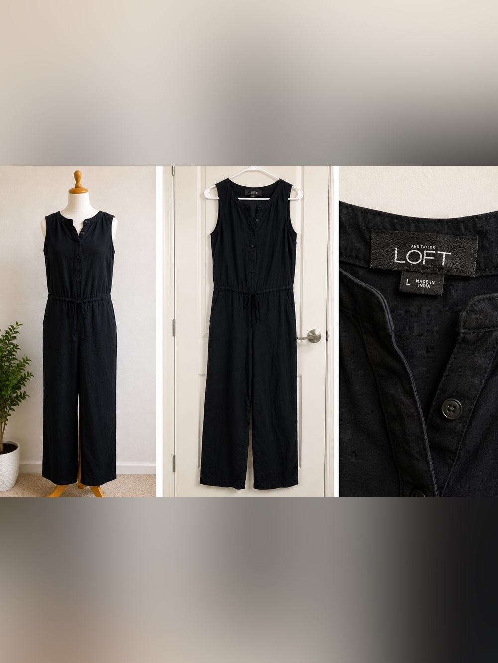 LOFT Black Sleeveless Jumpsuit Wide Leg Drawstring Waist Size Large